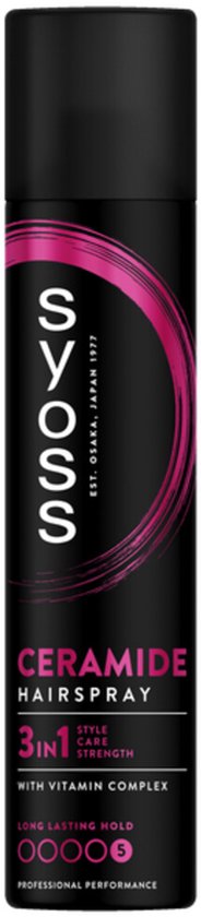 Zwarte spuitbus met roze accenten, met de tekst "SYOSS CERAMIDE HAIRSPRAY 3IN1 STYLE CARE STRENGTH" en 5 sterren voor hold.