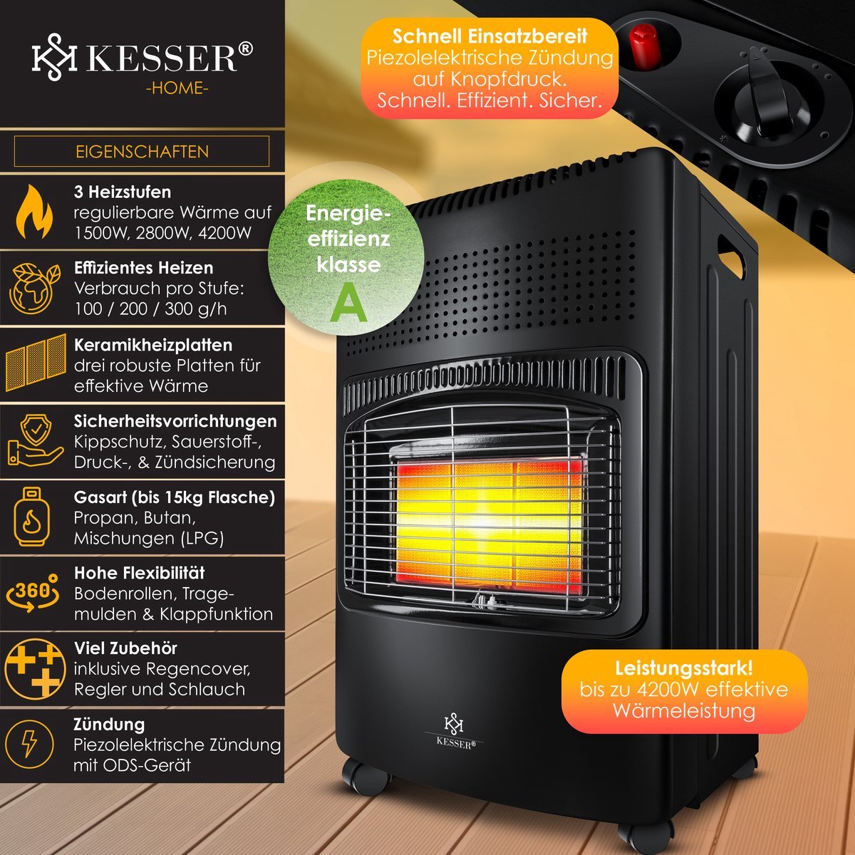Kesser – mobiele gaskachel – max 4200 Watt – heater – incl. gasdrukregelaar gasslang – voor butaan of propaan – | Gecontroleerde retourproducten en nieuwe overstockproducten tegen een onverslaanbare lage prijs