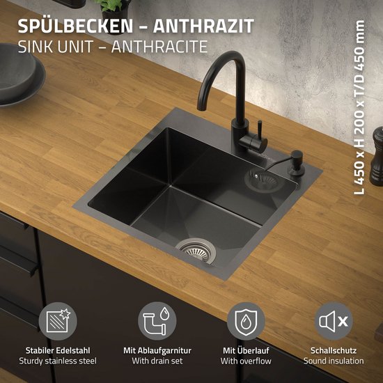 Keukenspoelbak, 45 x 40 cm, roestvrij staal, zwarte spoelbak, keuken, drop-in, wasbak, Topmount, keukenspoelbak, 1 wastafel met 180 graden draaibare kraan, wasbak