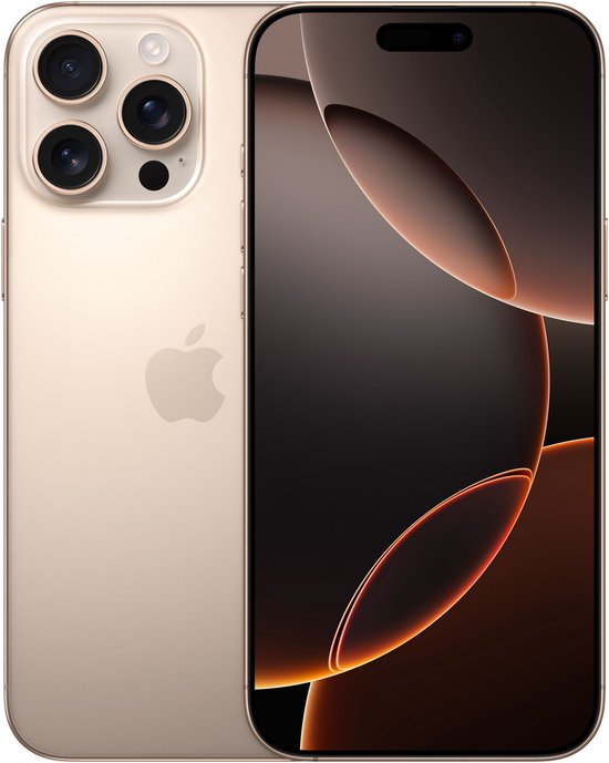 Gouden iPhone 16 Pro Max met Apple logo en drievoudige camera.