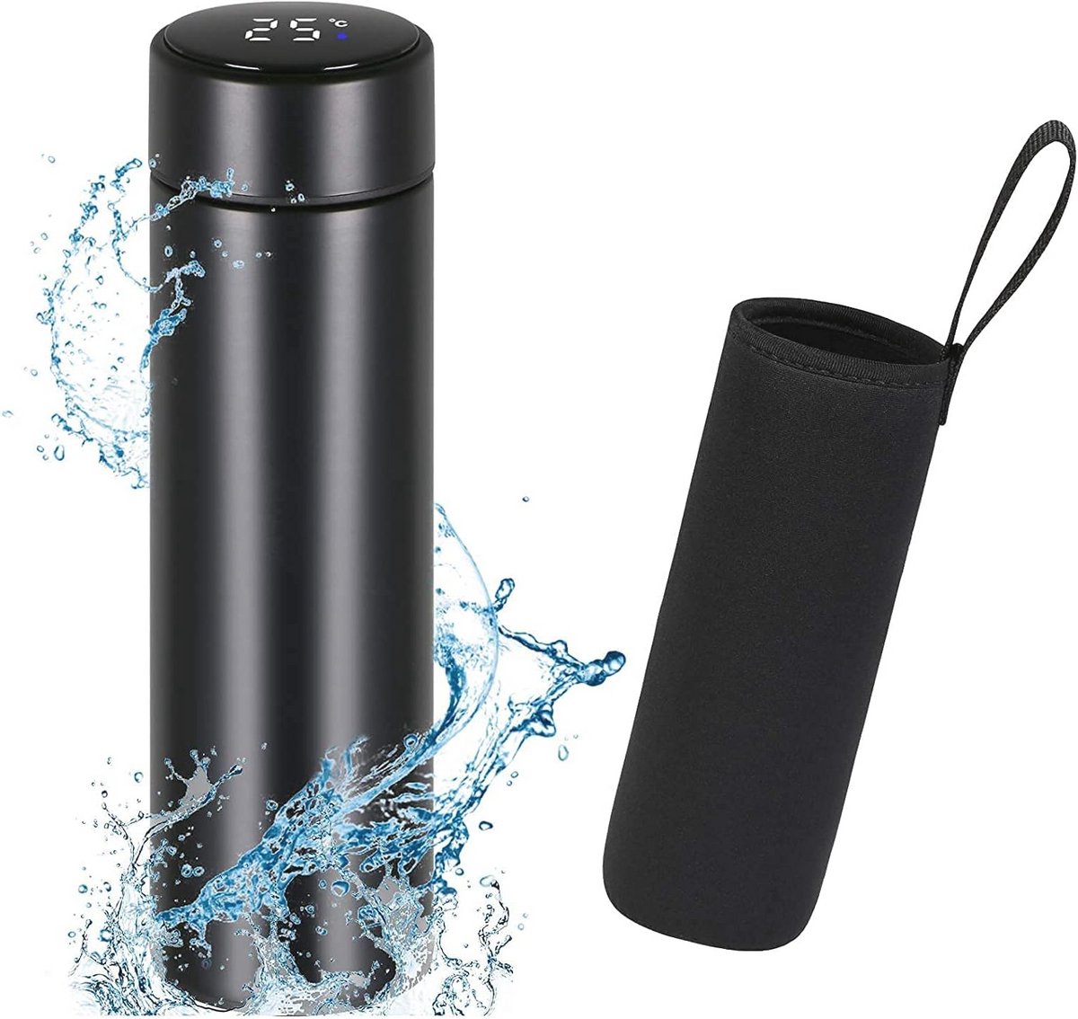Thermosfles 500Ml met Temperatuurdisplay voor Warm en Koud Water - Vacuüm Geïsoleerde Mok - Zwart