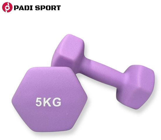 Paarse 5kg halters met een hexagonale kop en een ronde handgreep, op witte achtergrond.