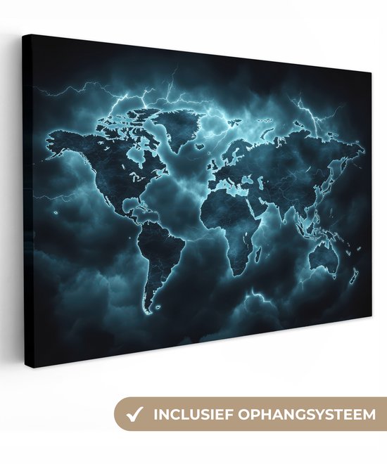 Canvas schilderij 90x60 cm - Exclusieve wanddecoratie Wereldkaart - Bliksem - Blauw - Muurdecoratie woonkamer - Slaapkamer decoratie - Kamer accessoires - Schilderijen op canvas