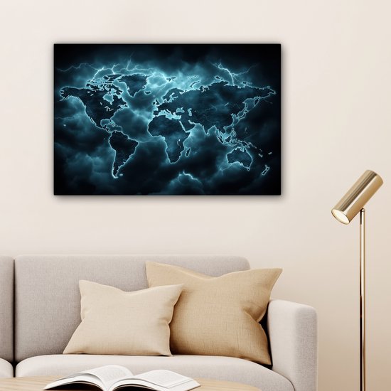 Canvas schilderij 90x60 cm - Exclusieve wanddecoratie Wereldkaart - Bliksem - Blauw - Muurdecoratie woonkamer - Slaapkamer decoratie - Kamer accessoires - Schilderijen op canvas