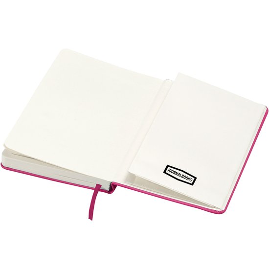 Open roze notitieboek met bladwijzer en "JOURNALBOOKS" logo.