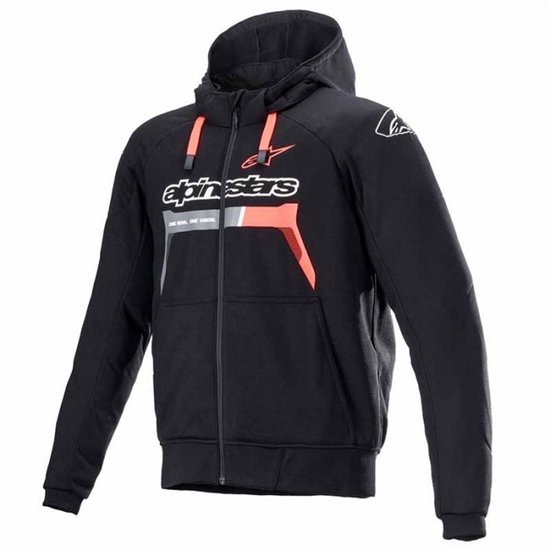 Sweat à capuche noir Alpinestars avec accents rouges et gris, logo "Alpinestars" sur la poitrine et cordons de serrage orange.
