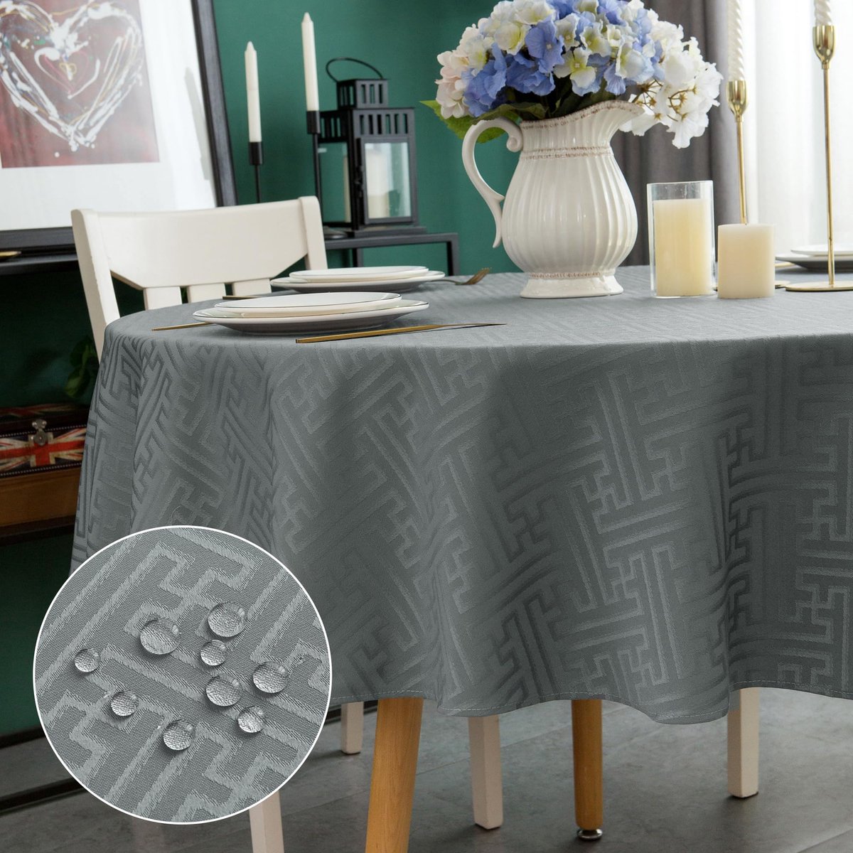 My Ninki ® Tijdloos Grijs Jacquard Tafelkleed voor Elegante Tafeldecoratie, 150 cm Diameter