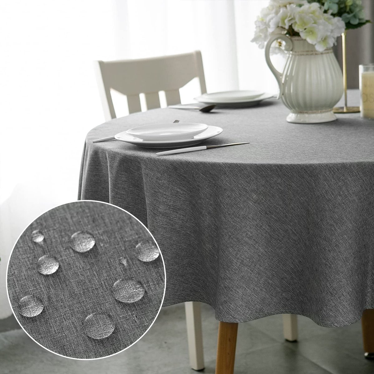 My Ninki ® Elegant Rond Tafelkleed in Polyester-Linnenlook, Vlekbestendig en Waterafstotend, Ø150 cm, Donkergrijs