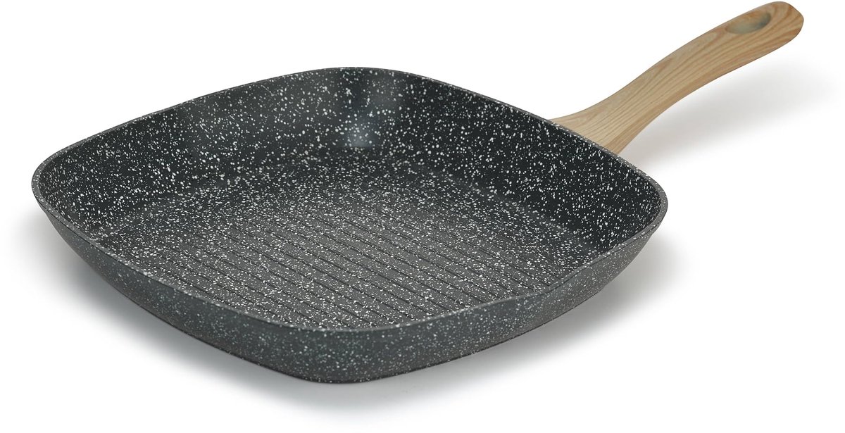 My Ninki ® Ruime 28 cm Grillpan met Houten Handvat en Antiaanbaklaag voor Alle Kookplaten