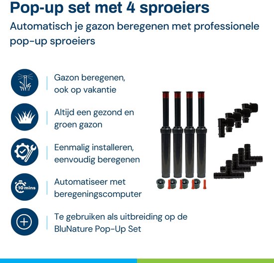 Pop-up set met 4 sproeiers: gazon beregenen, ook op vakantie. Eenvoudig installeren, automatisch beregenen.
