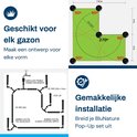 Schema van een irrigatiesysteem, geschikt voor elk gazon in 3 stappen: installeren, aansluiten en sproeien.
