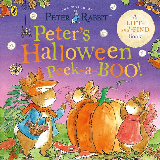 Couverture du livre Peter Rabbit : Peter's Halloween Peek-a-BOO ! avec Peter et ses amis près d'une citrouille.