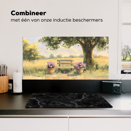 Spatscherm keuken 80x40 cm - Kookplaat achterwand Houten bankje - Bloempotten - Landschap - Muurbeschermer - Spatwand fornuis - Hoogwaardig aluminium