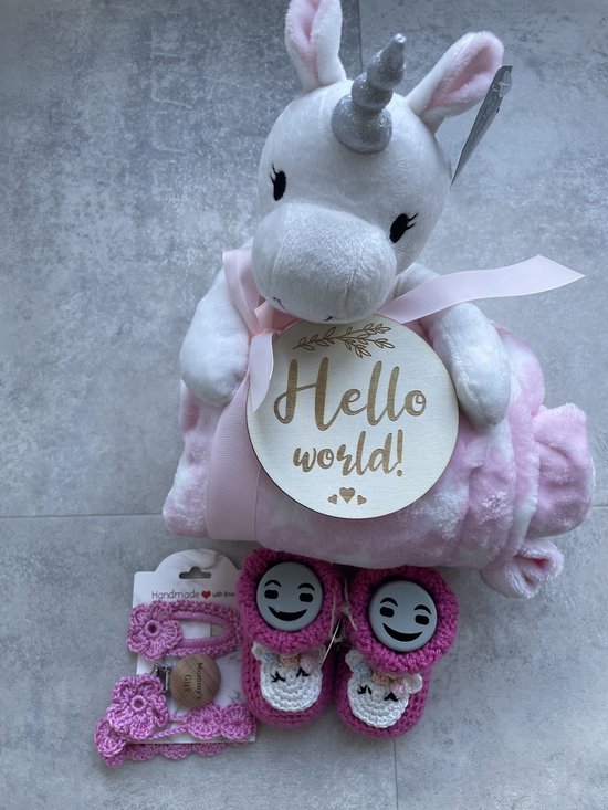Maminobaby.nl | Baby geschenkset meisjes | Handgemaakte Babyslofjes | Unicorn | Knuffel met deken | Handgemaakte speenkoord | Handgemaakte haarclip | Gehaakte babyslofjes | Kraamcadeu | Babyshower — afbeelding 2