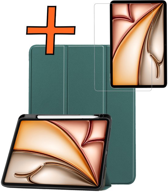 Hoes Geschikt voor iPad Air 2025 (13 inch) Hoes Tri-fold Tablet Hoesje Case Met Uitsparing Geschikt voor Apple Pencil Met Screenprotector - Hoesje Geschikt voor iPad Air M3 (13 inch) Hoesje Hardcover Bookcase - Donkergroen
