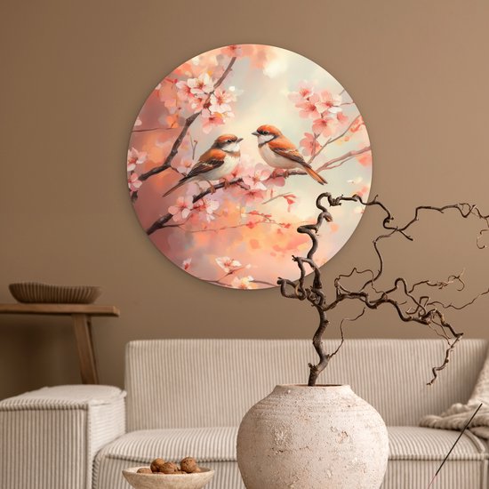WallCircle® Cercle mural 60x60 cm - Cercle mural Vogels - Romantique - Branche fleurie - Décoration murale salon - Décoration murale chambre - Accessoires de décoration de chambre - Tableaux ronds