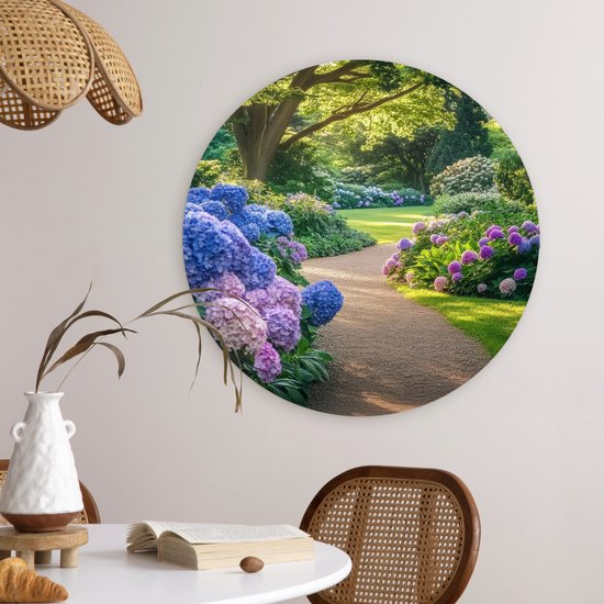 WallCircle® Wandcirkel 60x60 cm - Muurcirkel Hortensia- Park - Pad - Muurdecoratie woonkamer - Wanddecoratie slaapkamer - Kamer decoratie accessoires - Ronde schilderijen