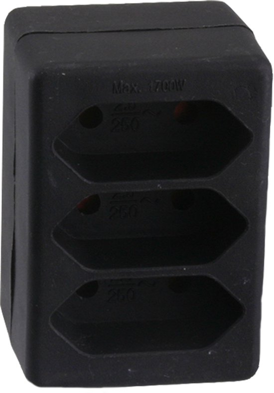 Zwarte stekkerverdeler met drie ingangen, max. 1700W.