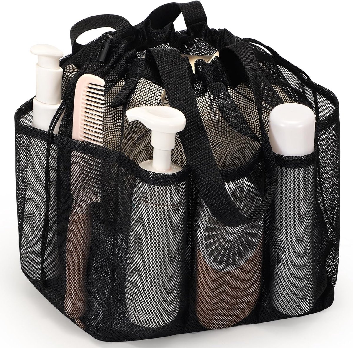 Mesh douchecaddy draagbaar met trekkoord, slaapzaal essentials voor studenten jongens en meisjes, grotere douchetas voor kamperen, zwemmen, sportschool, reizen, badkamer - zwart