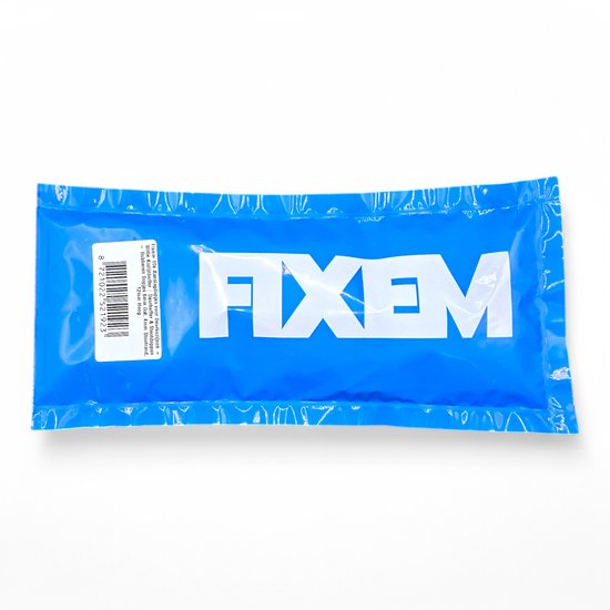Witte verpakking met 'FIXEM' logo in witte letters.