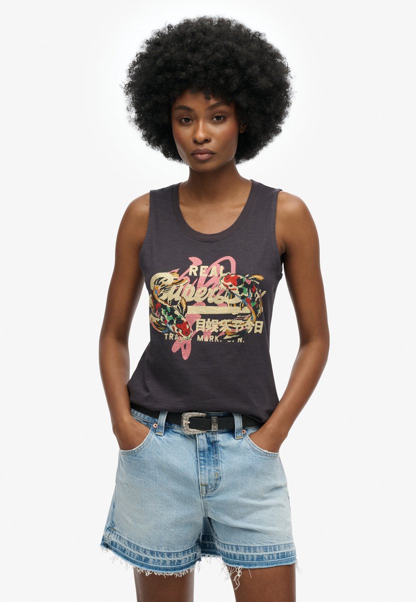Superdry Vintage Logo Tokyo tanktop met ronde hals Dames Vesten Dark Charcoal
