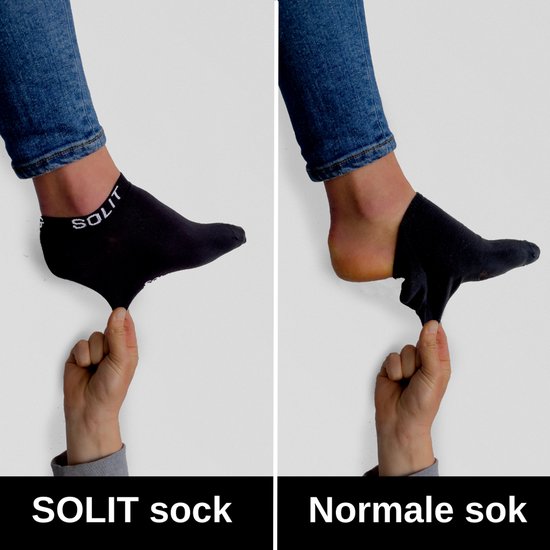 Vergelijking van een SOLIT sok en een normale sok. De SOLIT sok blijft goed zitten, de normale sok zakt af.