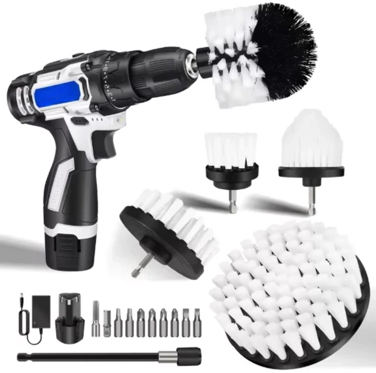 Accuboormachine 2-in-1 Deluxe - Elektrische Spin-Schrobmachine - Draadloze Reinigingsborstel - Inclusief 6 Borstels, 25+1 Koppel & Oplader