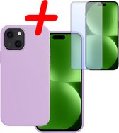 Hoes Geschikt voor iPhone 15 Hoesje Siliconen Back Cover Case Met Screenprotector - Hoesje Geschikt voor iPhone 15 Hoes Cover Hoesje - Lila