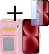 Hoes Geschikt voor iPhone 15 Hoesje Book Case Hoes Flip Cover Wallet Bookcase Met Screenprotector - Lichtroze