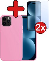 Hoesje Geschikt voor iPhone 15 Pro Hoesje Siliconen Case Hoes Met 2x Screenprotector - Hoes Geschikt voor iPhone 15 Pro Hoes Cover Case - Lichtroze