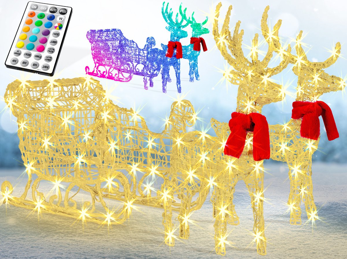 KESSER® Kerstverlichting 240 LED´s 2x Rendier met Slee - lichtslang met timer voor buiten en binnen - LED Lampjes Kerstversiering kerstdecoratie - Kleurrijk (RGB LED´s)