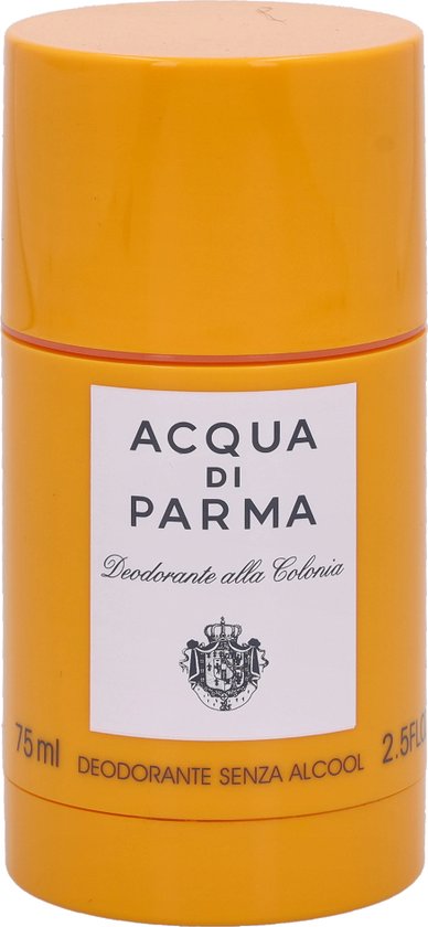Oranje Acqua Di Parma deodorantstick met wit label: "ACQUA DI PARMA", "Deodorante alla Colonia", wapenschild en "75 ml DEODORANTE SENZA ALCOOL 2.5FL"