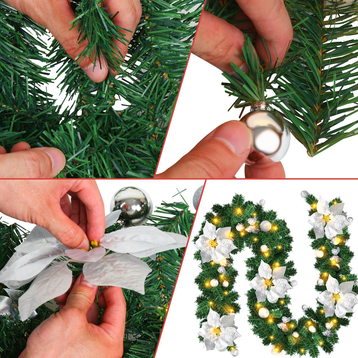 2.7M Kerstguirlande Kerstslinger, lichtsnoer, kunstdennenboom, 2,7 m, led, werkt op batterijen, voor muur, open haard, trap, kerstdecoratie Zilver – foto 3
