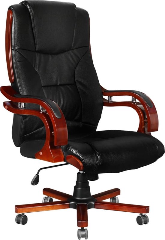 The Living Store Chaise de bureau de direction cuir noir - Rotatif à 360 ° - Accoudoirs en bois - Forme ergonomique - Hauteur 108-117 cm - Assise 40-49 cm - Largeur 51 cm - Profondeur 51 cm - Capacité de charge jusqu'à 110 kg