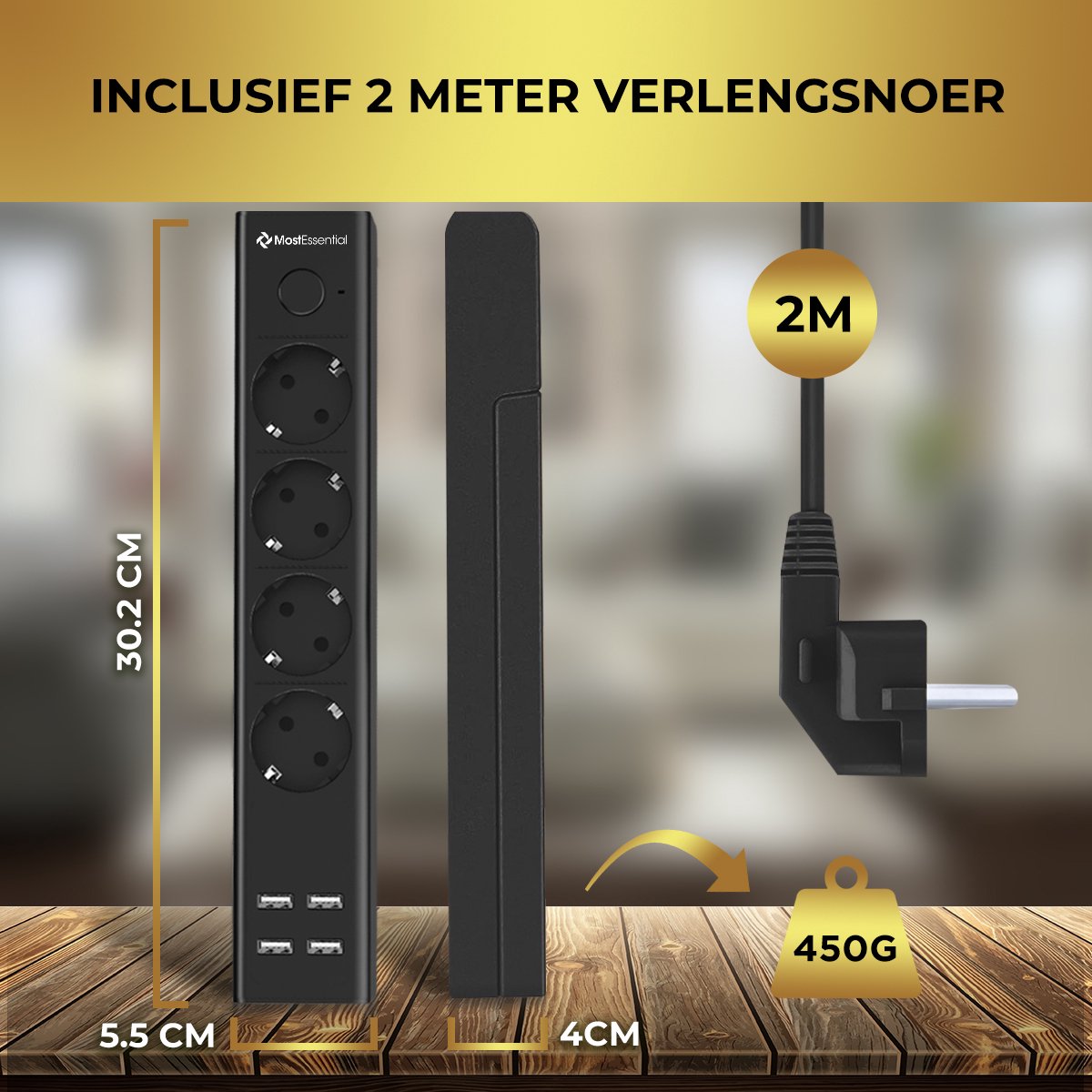 MostEssential Premium 8-Way Power Strip - Multiprise avec interrupteur - USB  - 4000W - Wit