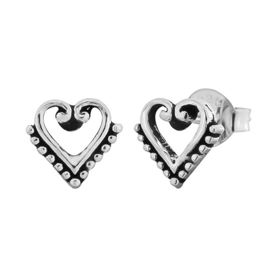 Oorbellen zilver | Oorstekers | Zilveren oorstekers, sierlijk hart met onderrand met bolletjes