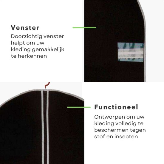 Zwarte kledinghoes met transparant venster en ritssluiting. Beschermt kleding tegen stof.