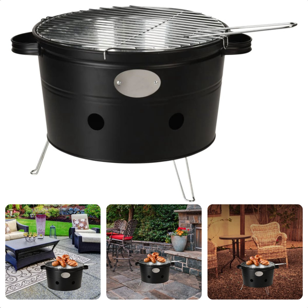 Cheqo® Draagbare Barbecue - Camping Grill - BBQ - Ø300mm-345mm, 200mm Hoog - 2 Handvaten - Mat Zwart - Voor Park, Strand, Balkon