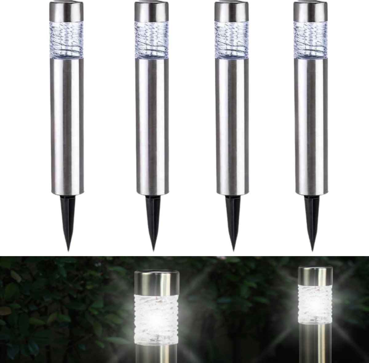 Cheqo® LED RVS Grondspot - Waterdicht - Buitenverlichting - Buitenlamp - Padverlichting - Solar Tuinspot - Tuinverlichting met Zonnepaneel - Solarlamp - ø6cm - 39cm - 4 Stuks