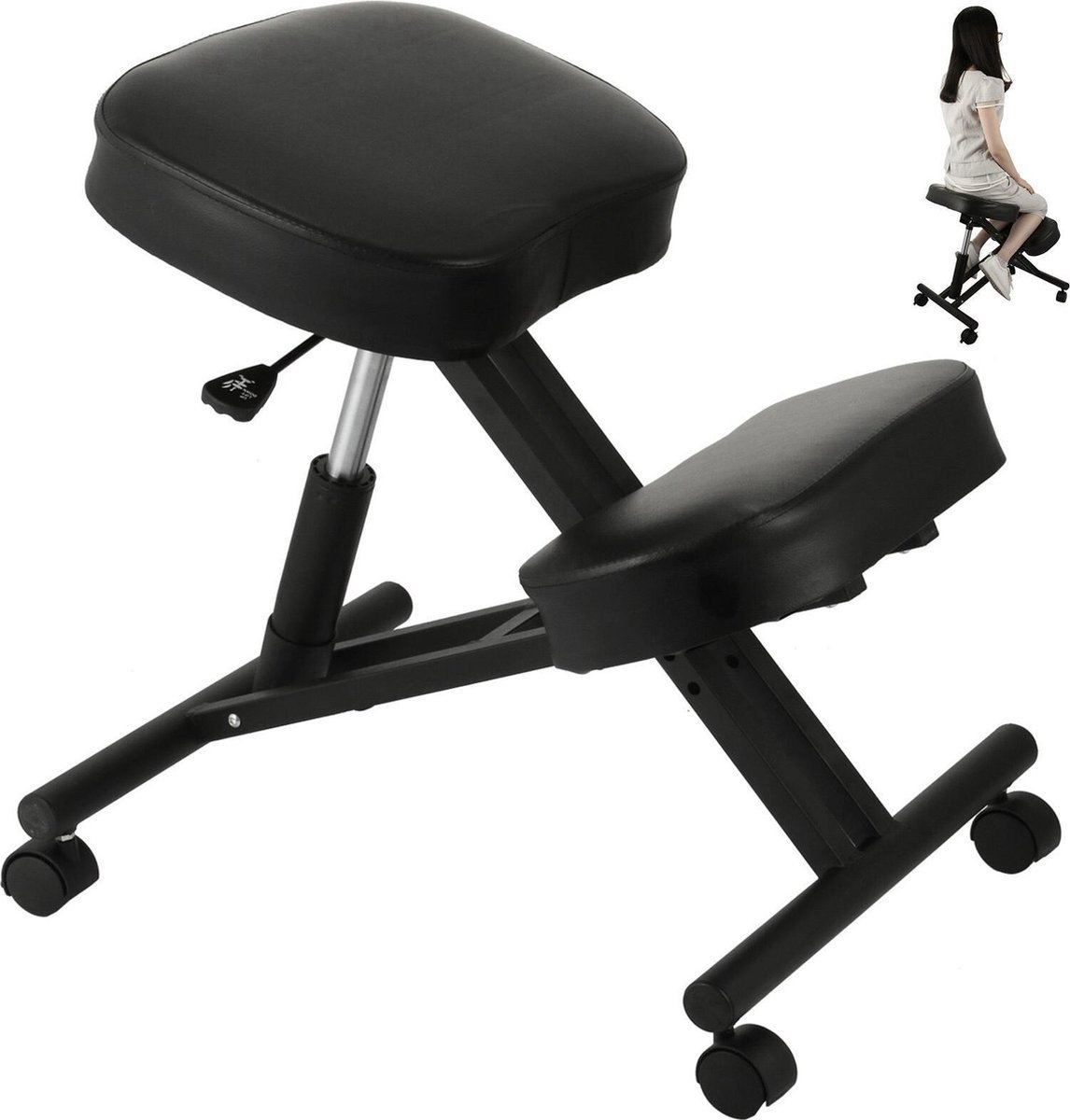 Happyment Ergonomische Knie Kruk Deluxe - Werkstoel - Kniestoel - Knielen Stoel - Werkkruk - Postuur Corrector - Ergonomische Bureaustoel - Bureaustoel - Pu Leren Zitting - Tot 120kg Zwart