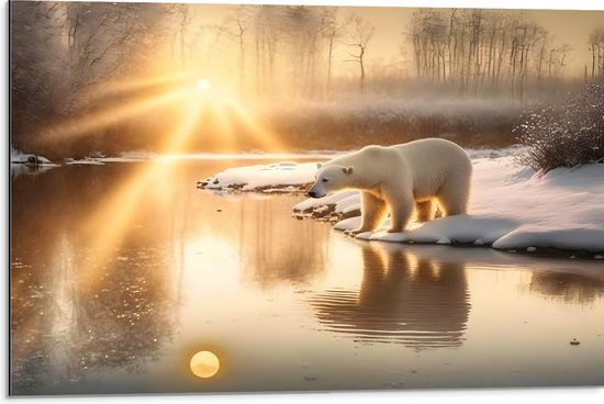 Dibond - IJsbeer bij Beekje in Sneeuw Landschap met Zonsondergang - 75x50 cm Foto op Aluminium (Wanddecoratie van metaal)