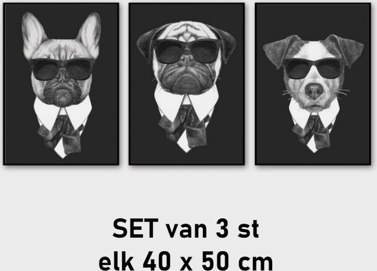 Allernieuwste.nl® Set de 3 peintures sur toile Chiens mafieux avec lunettes de soleil - Salon - Moderne - Affiche - 3 panneaux - 40 x 50 cm - Zwart- Wit