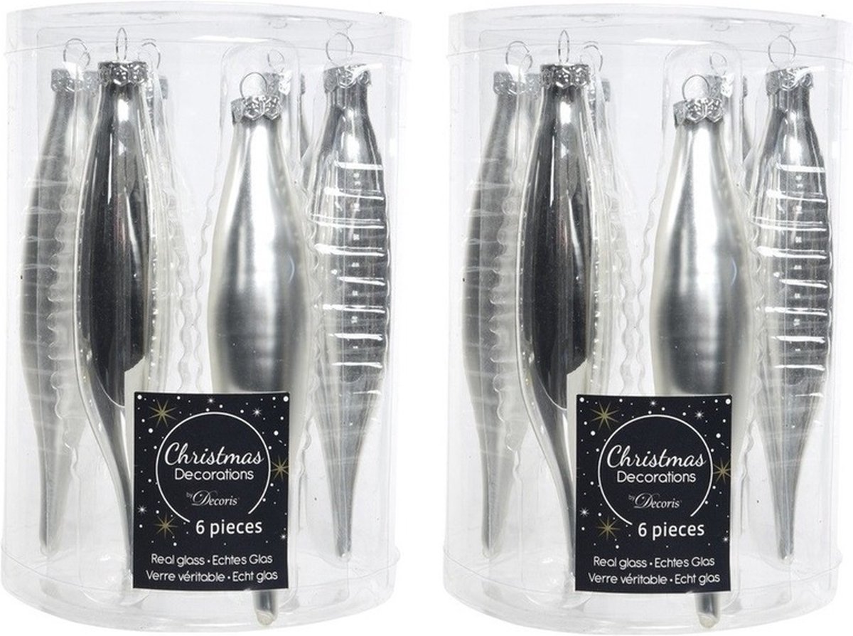 Decoris kerstbal pegels - 12x - zilver - D15 cm - glas - kersthangers - ijspegels - kerstversiering