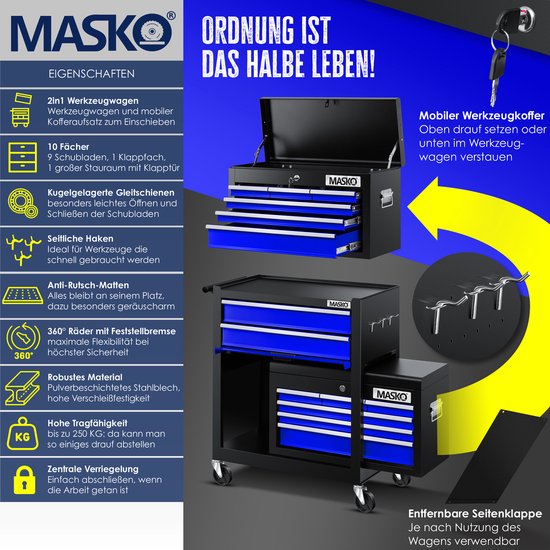 Zwarte gereedschapswagen met blauwe laden en een open koffer. Toont 2-in-1 functie, wielen en centrale vergrendeling.