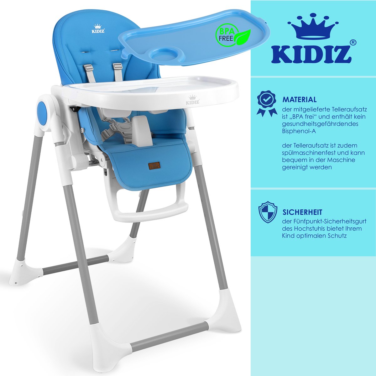 KIDIZ® 3in1 kinderstoel incl. speelbar, Eetstoel, Babystoel, combinatie kinderstoel, 7 in hoogte verstelbare rugleuning, meegroei van 0 maanden tot 6 jaar - Blauw thumbnail 3