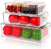 Koelkastorganizer, set van 6 stuks, stapelbaar met deksel, opbergsysteem voor koelkast, groenten en fruit voor keuken, koelkast, kasten, planken - BPA-vrij