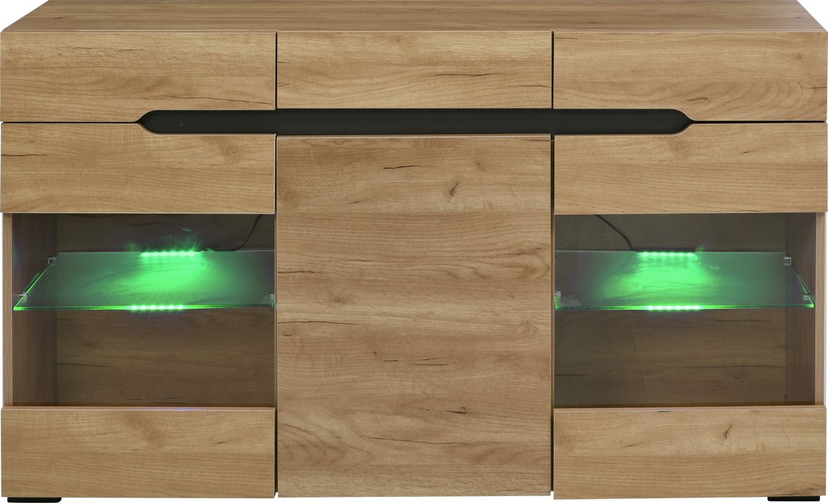 Dressoir VITTORIO 2 deuren 3 lades wotan eik/hoogglans zwart met led