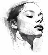 Gezicht van vrouw zwart wit lijntekening #2 - plexiglas schilderij - 100 x 150 cm
