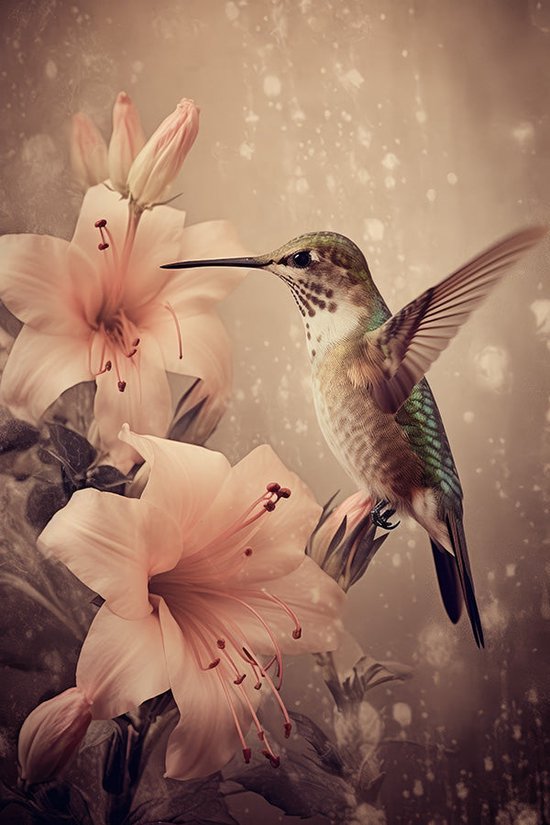 Kolibri met bloemen vintage poster - 100 x 140 cm