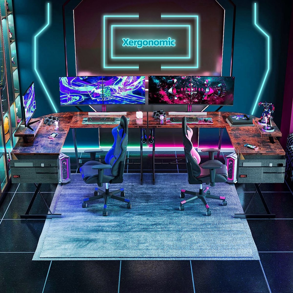 Devoko Gaming Desk Gamer Corner Desk 130 * 130cm hoek PC computer desk l-vormige tafel met scherm ondersteuning tafel voor studeren, spelen en werken (carbon white, 130_x_130_cm